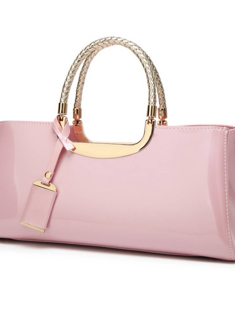 Pink Patent Tote Bag with Gold Handles